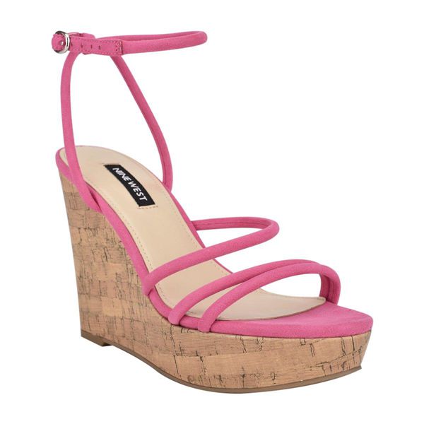 Nine West Havi Ankle Wrap Cork Pink Wedge Sandals | Ireland 15H28-6X42